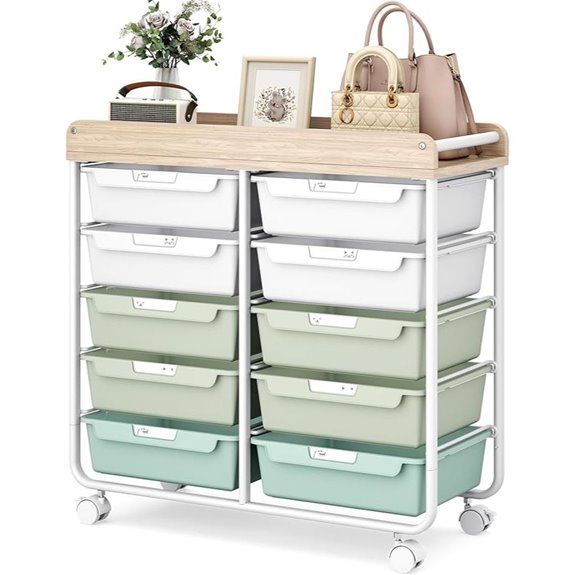 10-Drawer Rolling Cart with Wooden Top