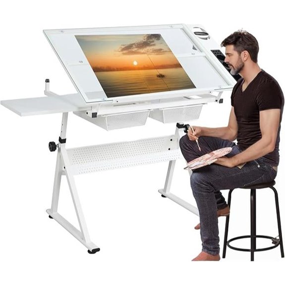 Adjustable Art Drafting Table with Storage and Tempered Glass