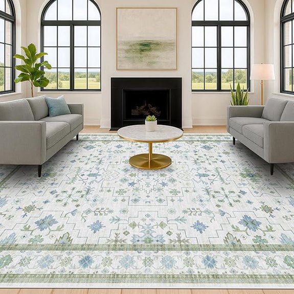 Green Area Rug 9x12 Washable Non-Slip Geometric Blue & Green