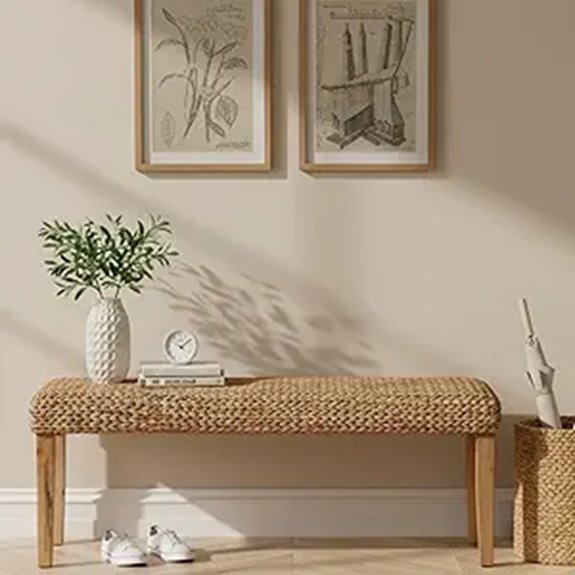 Solid Wood Acacia Boho Indoor Bench with Woven Seat