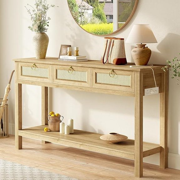 SuperJare Rattan Console Table with Outlets and USB