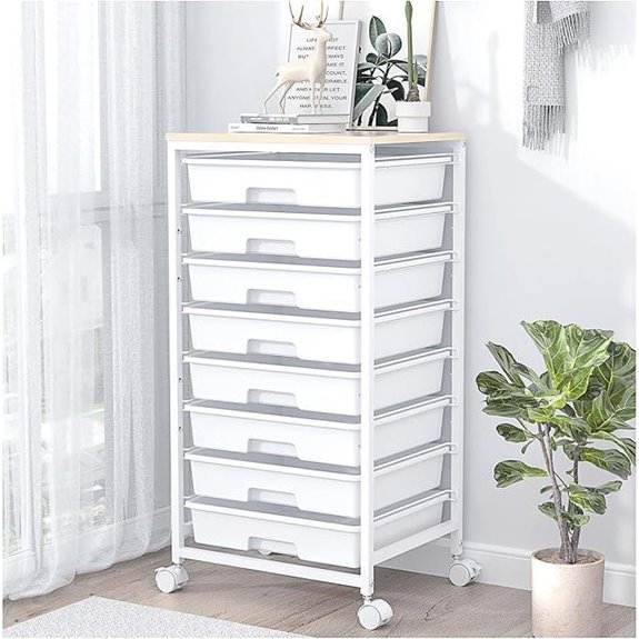 Rolling Storage Cart with 8 Drawers and Wooden Top