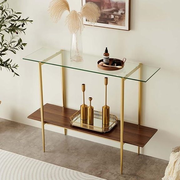 Glass Console Table with Metal Frame and Shelves