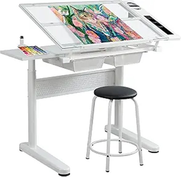 Glass Drafting Table with Drawers and Chair