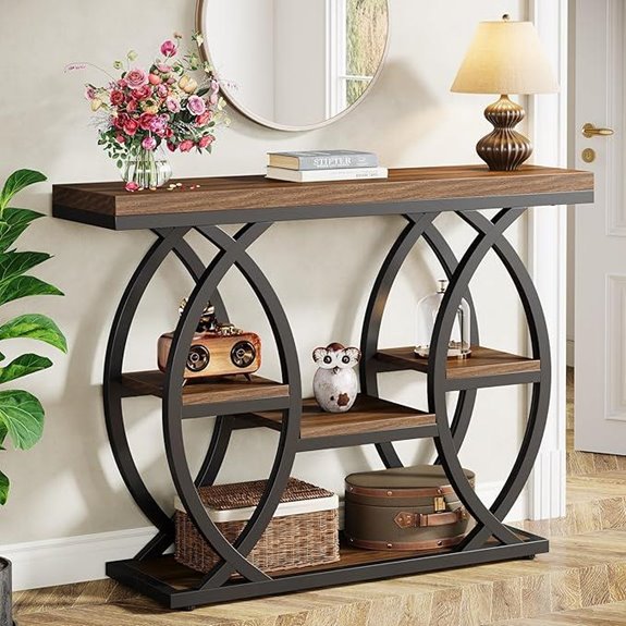 industrial console table with shelves