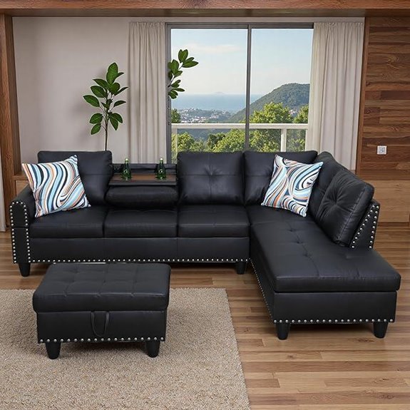 L-shaped Leather Sectional Couch with Ottoman and Cup Holders
