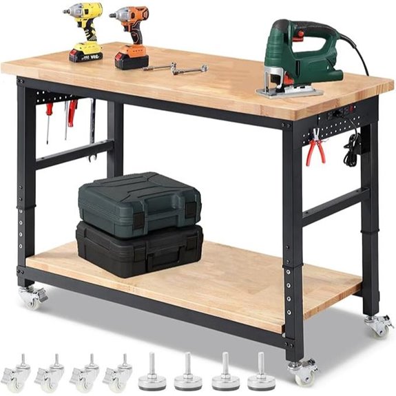 Mobile Workbench with Wheels Shelves Pegboard & Outlets