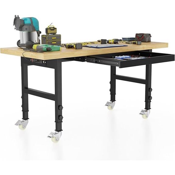 60'' Adjustable Wooden Workbench with Wheels and Power