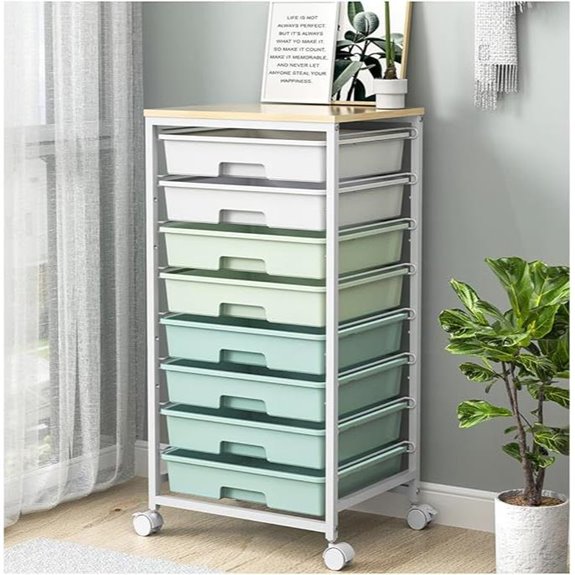 Rolling Storage Cart with 8 Drawers and Wooden Top