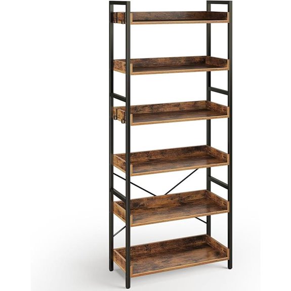Rolanstar 6-Tier Rustic Wood Bookshelf with Hooks