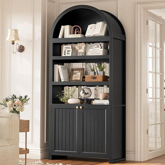 Tall Arched 6-Tier Bookshelf with Doors and Storage