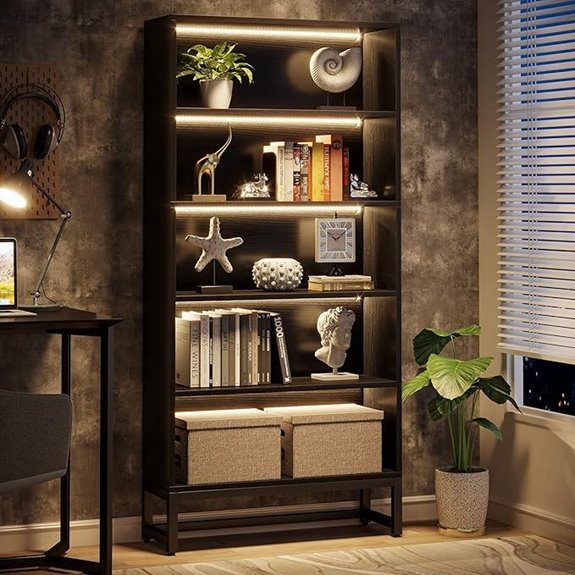 Tribesigns Tall Black Bookcase with LED Lights