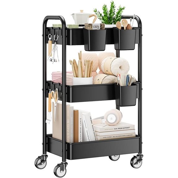 YASONIC 3-Tier Metal Rolling Cart with Hooks