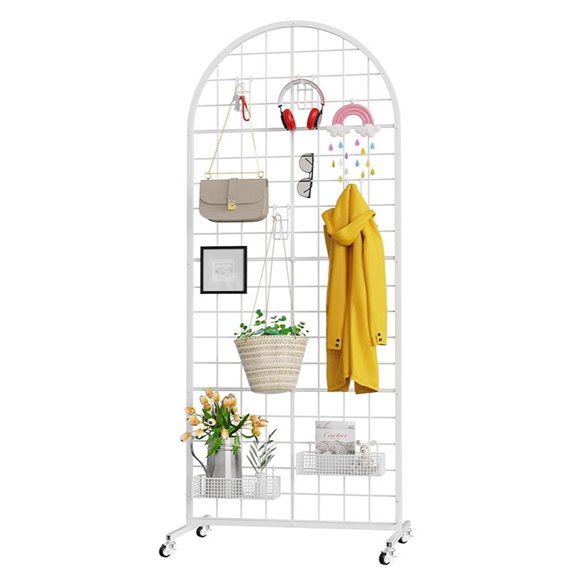 White Grid Wall Panel Display Stand with Wheels