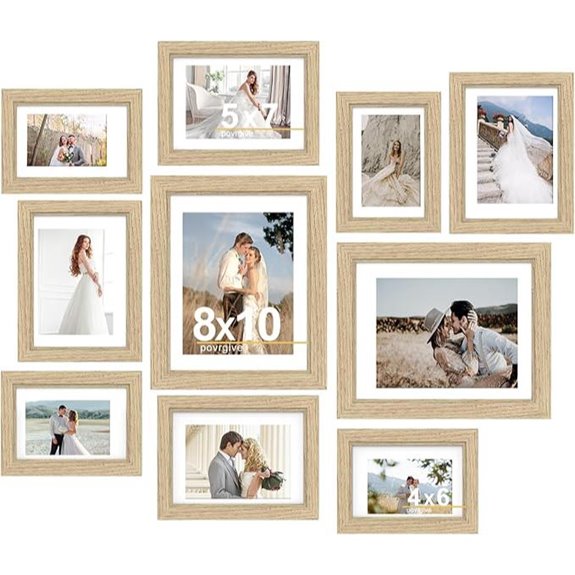 Set of 10 Wood Picture Frames with Glass and Mats